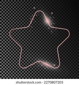 Rose gold glowing rounded star shape frame isolated on dark transparent background. Shiny frame with glowing effects. Vector illustration