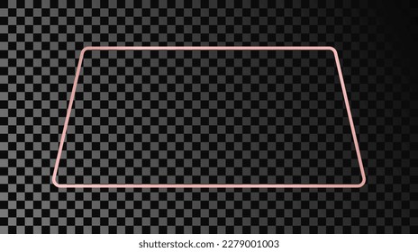 Rose goldglänzende, runde trapezische Form Rahmen einzeln auf dunkeltransparentem Hintergrund. Leuchtender Rahmen mit leuchtenden Effekten. Vektorgrafik