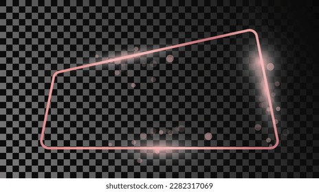 Rose gold glowing rounded trapezoid shape frame isolated on dark transparent background. Shiny frame with glowing effects. Vector illustration