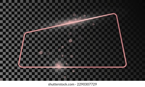 Rose gold glowing rounded trapezoid shape frame isolated on dark transparent background. Shiny frame with glowing effects. Vector illustration