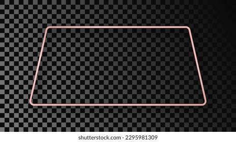 Rose gold glowing rounded trapezoid shape frame with shadow isolated on dark transparent background. Shiny frame with glowing effects. Vector illustration