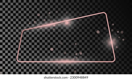 Marco de forma trapezoide redondeado dorado rosa aislado sobre fondo transparente oscuro. Marco brillante con efectos brillantes. Ilustración del vector