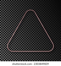 Rose gold glowing rounded triangle frame with shadow isolated on dark transparent background. Shiny frame with glowing effects. Vector illustration