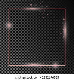 Rose gold glowing square frame isolated on dark transparent background. Shiny frame with glowing effects. Vector illustration