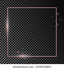 Rose gold glowing square frame isolated on dark transparent background. Shiny frame with glowing effects. Vector illustration