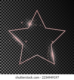 Marco de forma estrella dorada y brillante de color rosa aislado sobre fondo transparente oscuro. Marco brillante con efectos brillantes. Ilustración del vector