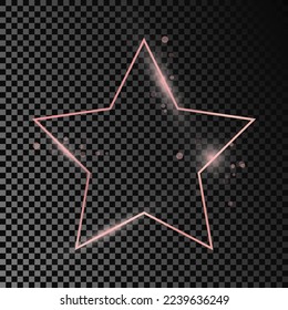 Rose gold glowing star shape frame isolated on dark transparent background. Shiny frame with glowing effects. Vector illustration