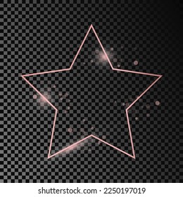 Rose gold glowing star shape frame isolated on dark transparent background. Shiny frame with glowing effects. Vector illustration