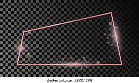 Rose gold glowing trapezoid shape frame isolated on dark transparent background. Shiny frame with glowing effects. Vector illustration