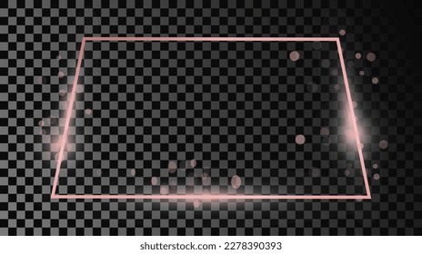 Rose gold glowing trapezoid shape frame isolated on dark transparent background. Shiny frame with glowing effects. Vector illustration