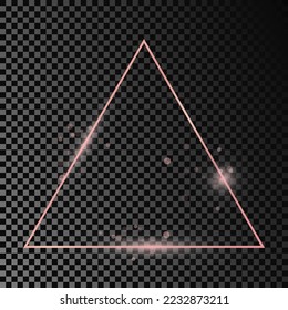 Rose gold glowing triangle frame isolated on dark transparent background. Shiny frame with glowing effects. Vector illustration