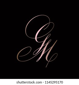 Rose gold GM monogram logo.Elegant and delicate letter based icon.Calligraphic letter G and M intertwined.Illustration suitable for wedding, beauty and spa business.