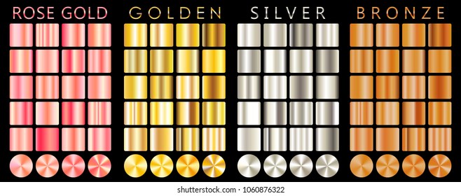 Rose gold, golden, silver, bronze gradient,pattern,template.Set of colors for design,collection of high quality gradients.Metallic texture,shiny background.Pure metal.Suitable for text,mockup