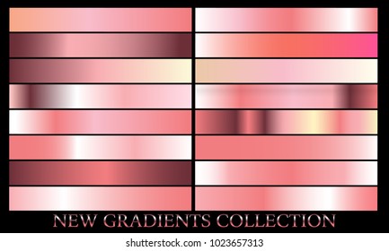 Rose gold gradient set background vector icon texture metallic illustration for frame, ribbon, banner, coin and label. Realistic abstract golden design seamless pattern. Elegant light shine template