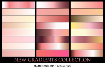 Rose gold gradient set background vector icon texture metallic illustration for frame, ribbon, banner, coin and label. Realistic abstract golden design seamless pattern. Elegant light shine template