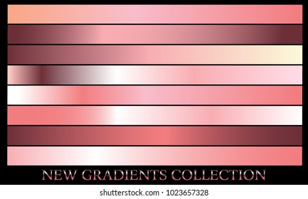 Rose gold gradient set background vector icon texture metallic illustration for frame, ribbon, banner, coin and label. Realistic abstract golden design seamless pattern. Elegant light shine template