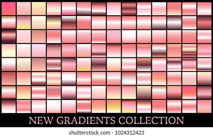Rose gold gradient set background vector icon texture metallic illustration for frame, ribbon, banner, coin and label. Realistic abstract golden design seamless pattern. Elegant light shine template