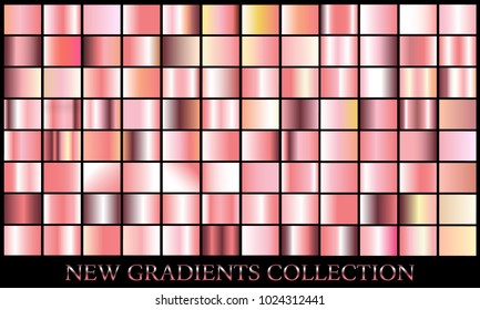 Rose gold gradient set background vector icon texture metallic illustration for frame, ribbon, banner, coin and label. Realistic abstract golden design seamless pattern. Elegant light shine template