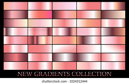 Rose gold gradient set background vector icon texture metallic illustration for frame, ribbon, banner, coin and label. Realistic abstract golden design seamless pattern. Elegant light shine template