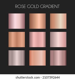 Rose gold gradient vector set, bronze foil texture isolated on black background. Pink golden shiny metallic background template. Decorative collection for  border, frame, ribbon, label design