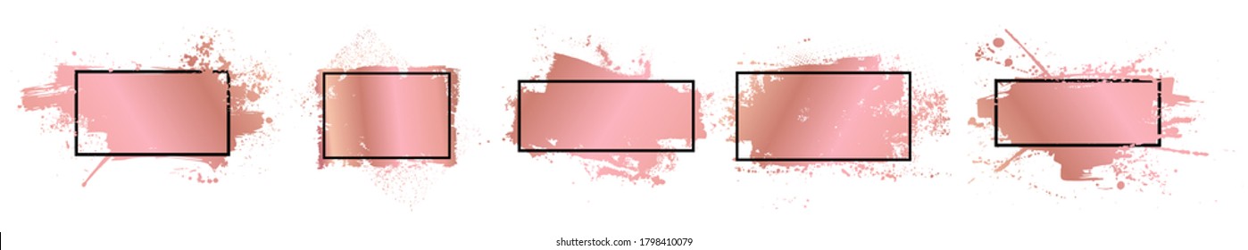 Rose gold grunge strokes with frame for text. Ink splashes set. High level of tracing. Boxes for text. Dirty artistic design elements with picture frame. Gold rose splashes set for logo and other. 