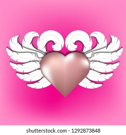 rose gold heart with paper cut white abstract feather wings, valentine day vector illustration