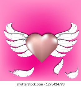 rose gold heart with paper cut white abstract feather wings, valentine day vector illustration