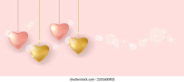 Rose gold and gold hearts shape, bokeh and sparkles. Elegant blank poster with realistic hearts isolated on pink background. Vector illustration for banner, cover, sale, wedding, Valentines card.