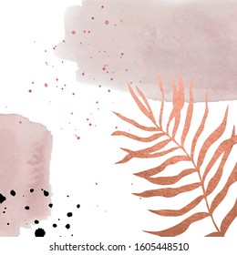 rose gold leaves with pink watercolour paint strokes and black ink drops