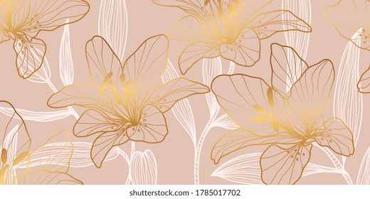 Rose Gold Lily pattern. Floral wedding background design for warpping paper, wallpaper, brochure and prints. Vector illustration.