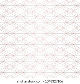 Rose gold linear pattern. Vector geometric lines seamless texture. Golden ornament with delicate grid, lattice, net, diamonds, rhombuses, thin cross lines. Luxury abstract repeated graphic background