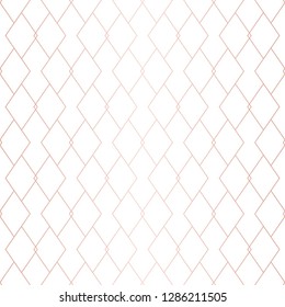 Rose gold lines pattern. Vector geometric seamless texture. Pink and white ornament with delicate grid, lattice, net, rhombuses, thin lines. Abstract graphic background. Premium repeatable design
