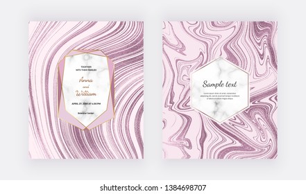 Rose gold liquid marble design cards. Ink painting glitter abstract pattern. Trendy templates for banner, flyer, poster, save the date, greeting, wedding invitation
