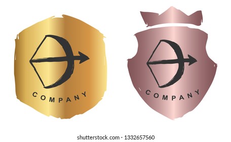 Rose Gold Logo Design of Arrow Bow. Vector, Illustration, Hand Drawn and Doodle. EPS10