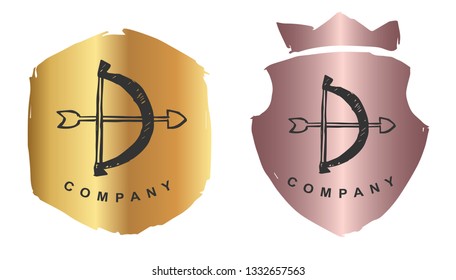 Rose Gold Logo Design of Arrow Bow. Vector, Illustration, Hand Drawn and Doodle. EPS10