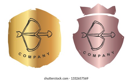 Rose Gold Logo Design of Arrow Bow. Vector, Illustration, Hand Drawn and Doodle. EPS10