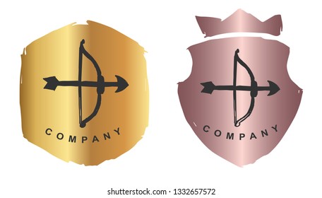 Rose Gold Logo Design of Arrow Bow. Vector, Illustration, Hand Drawn and Doodle. EPS10
