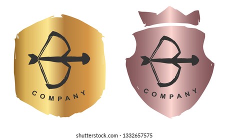 Rose Gold Logo Design of Arrow Bow. Vector, Illustration, Hand Drawn and Doodle. EPS10