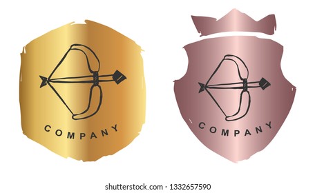 Rose Gold Logo Design of Arrow Bow. Vector, Illustration, Hand Drawn and Doodle. EPS10