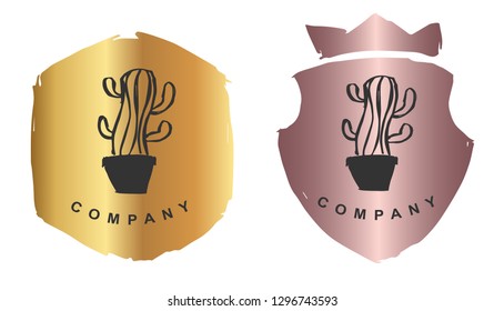 Rose Gold Logo Design of Cactus Plant. Vector, Illustration, Hand Drawn and Doodle.