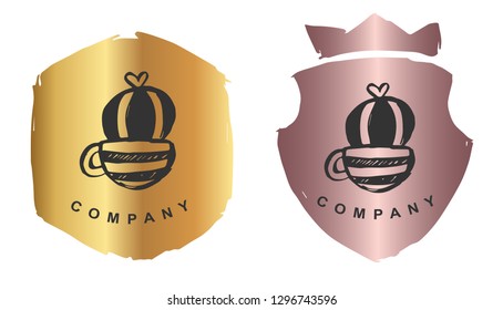 Rose Gold Logo Design of Cactus Plant. Vector, Illustration, Hand Drawn and Doodle.