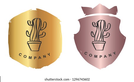 Rose Gold Logo Design of Cactus Plant. Vector, Illustration, Hand Drawn and Doodle.