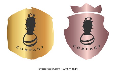 Rose Gold Logo Design of Cactus Plant. Vector, Illustration, Hand Drawn and Doodle.