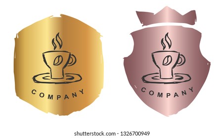 Rose Gold Logo Design of Coffee Drinks. Vector, Illustration, Hand Drawn and Doodle. EPS10