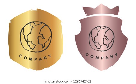Rose Gold Logo Design of Earth. Vector, Illustration, Hand Drawn and Doodle.