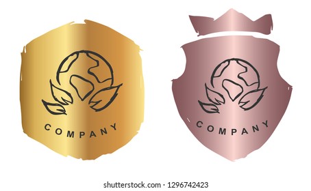 Rose Gold Logo Design of Earth. Vector, Illustration, Hand Drawn and Doodle.