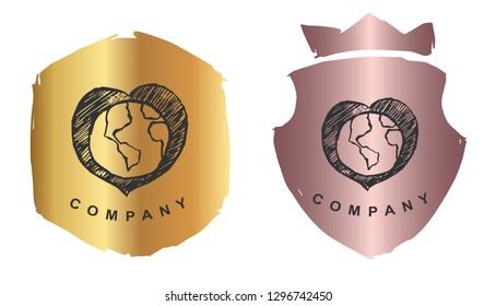 Rose Gold Logo Design of Earth. Vector, Illustration, Hand Drawn and Doodle.