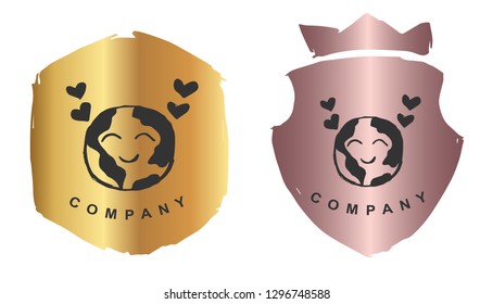 Rose Gold Logo Design of Earth. Vector, Illustration, Hand Drawn and Doodle.
