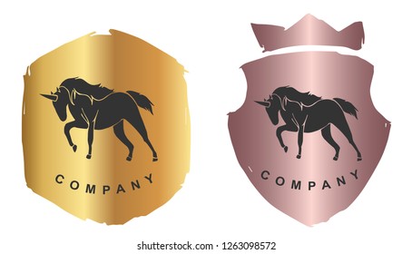 Rose Gold Logo Design of Magical Unicorn Horse with Horn. Vector, Illustration, Hand Drawn and Doodle. EPS10