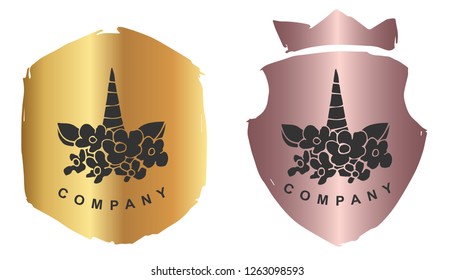 Rose Gold Logo Design of Magical Unicorn Horse with Horn. Vector, Illustration, Hand Drawn and Doodle. EPS10